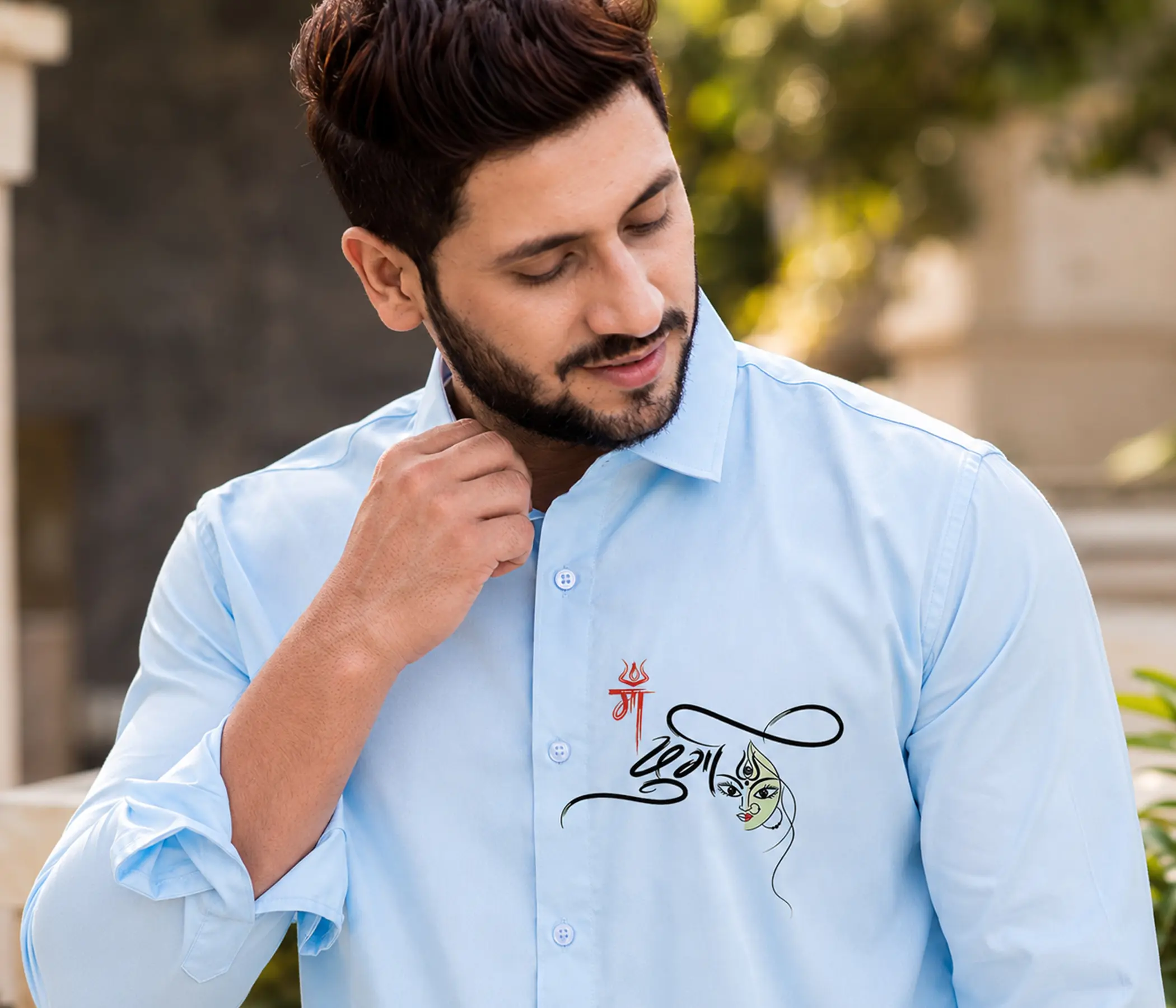 Sky Blue Hand-Painted Maa Durga Shirt for Perfect Mens Collection
